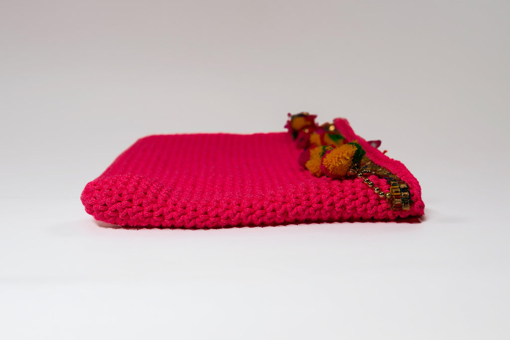 Handmade Boho Knit Makeup Bag - Luxury Crochet Cosmetic Pouch with Pom-Poms